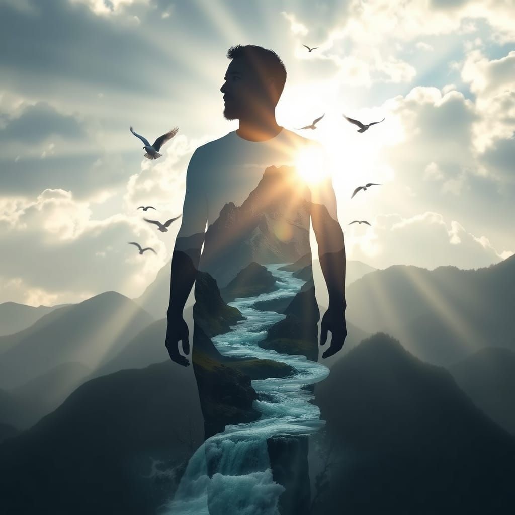 Mountain Peak Silhouette with River and Birds in Sunset Glow