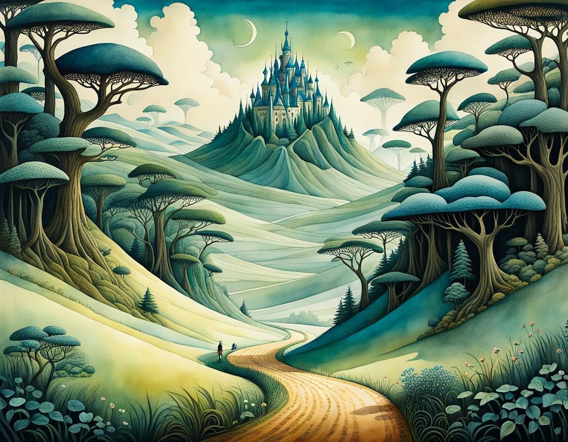 Crossroads Calm: Whimsical Ink and Watercolor Illustration