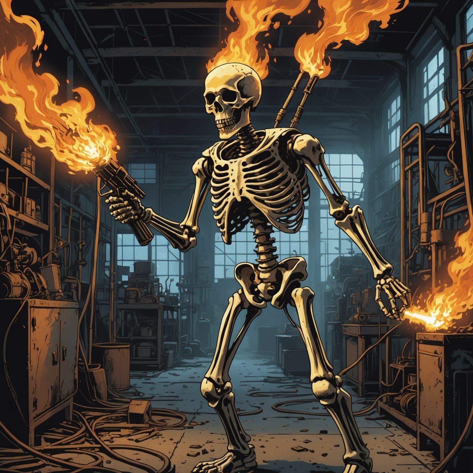 Flaming Skeleton with Flamethrower, Comic Book Art