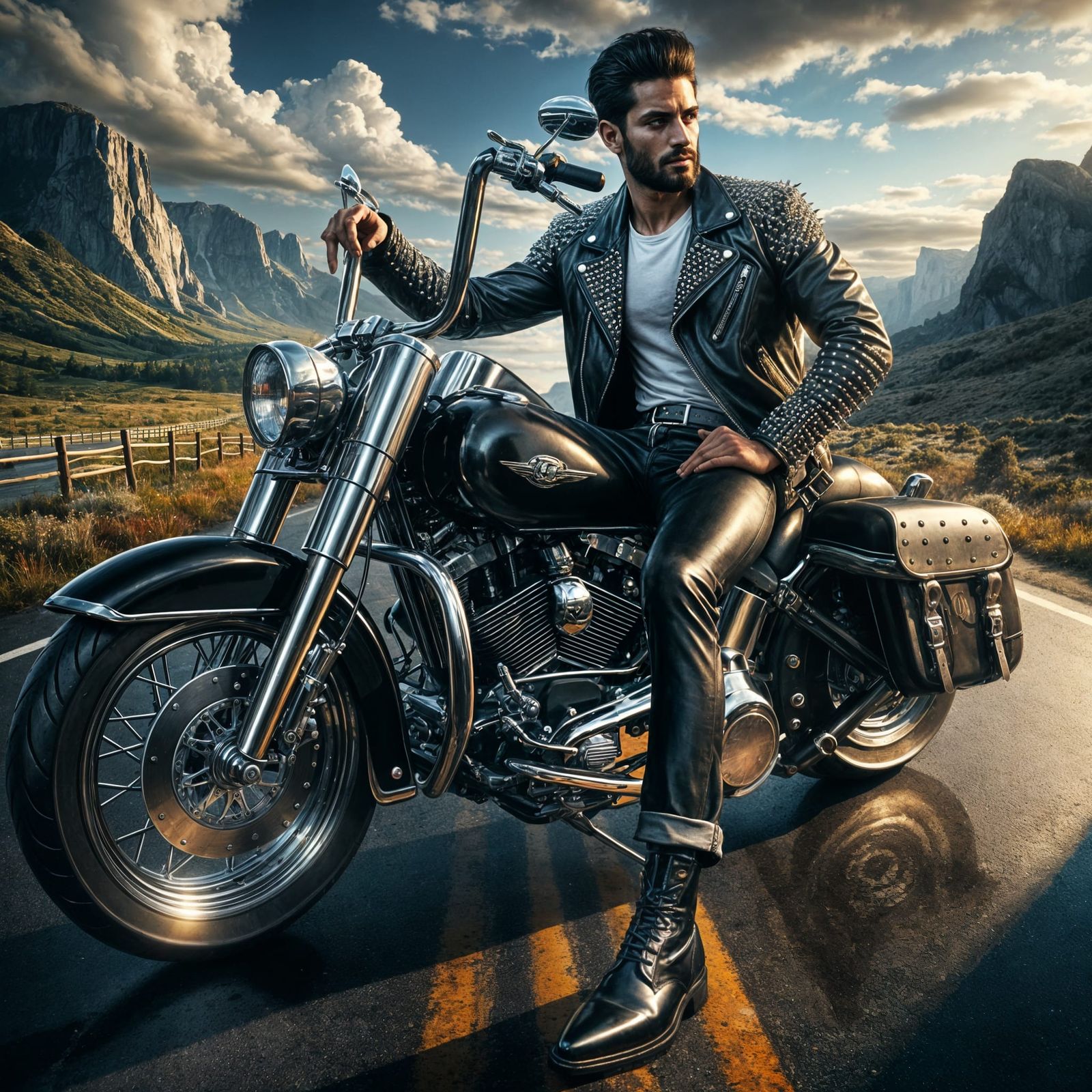 Motorcycle Rider on Highway in Tonalist Style