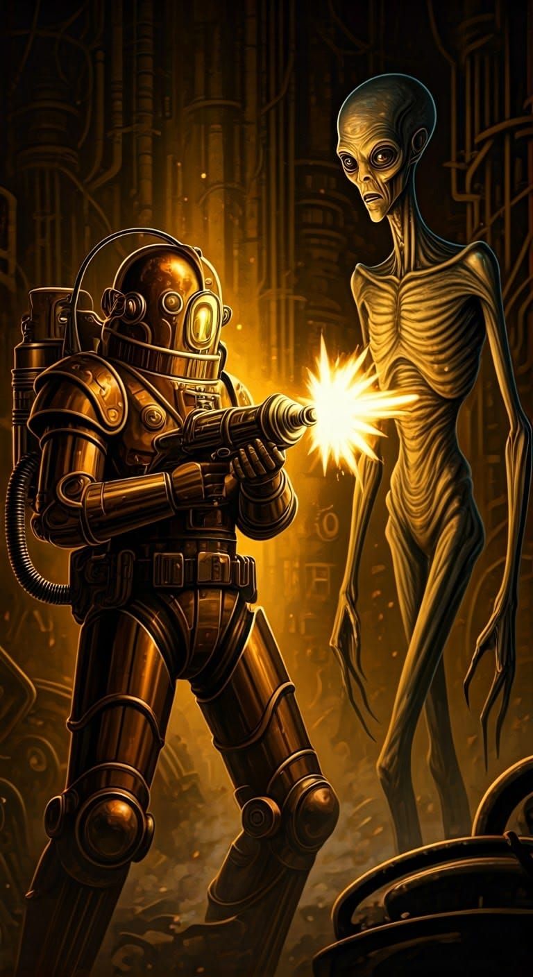 Art Deco Sci-Fi Warrior Battles Alien in Industrial Landscap...