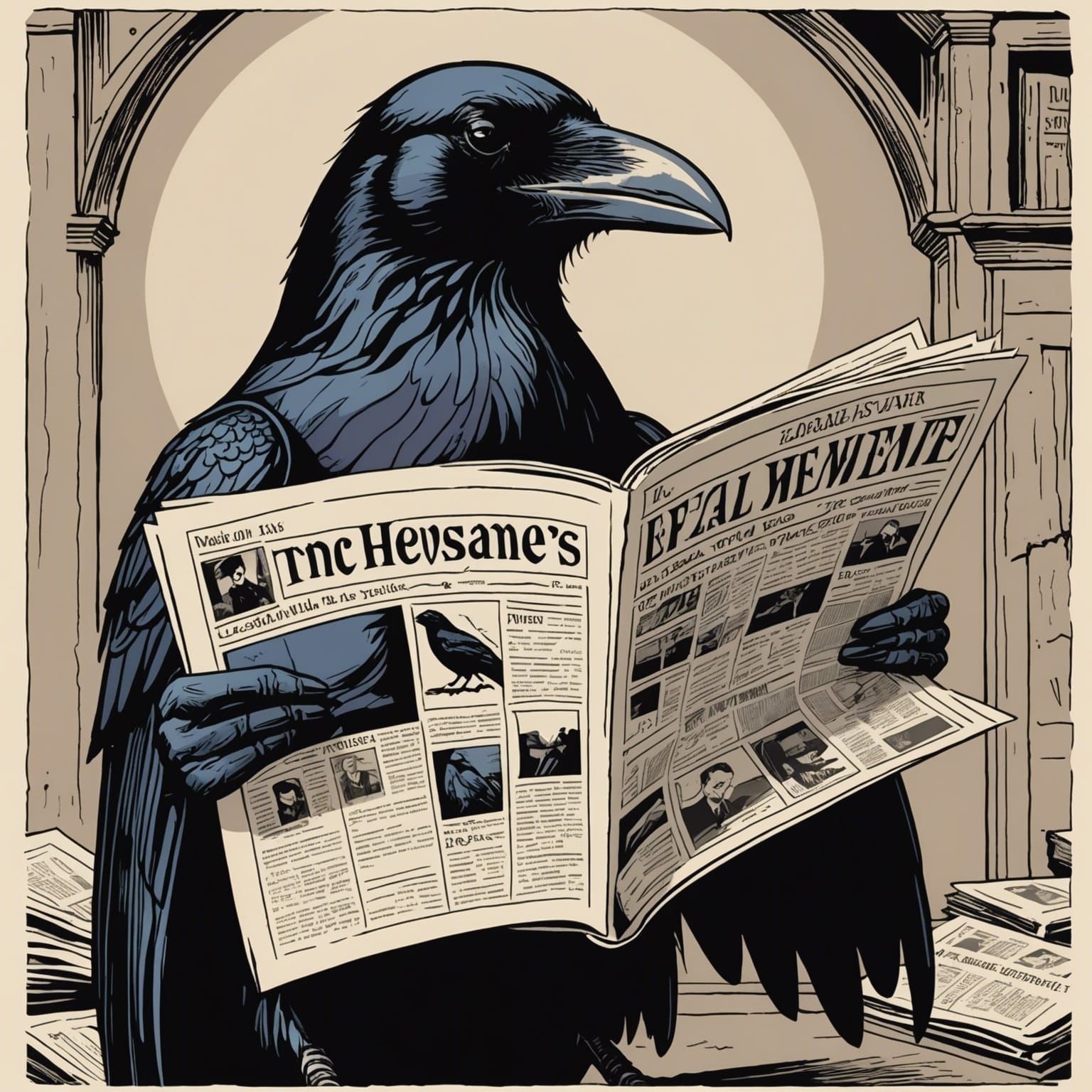 Raven Reads Newspaper in Comic Style