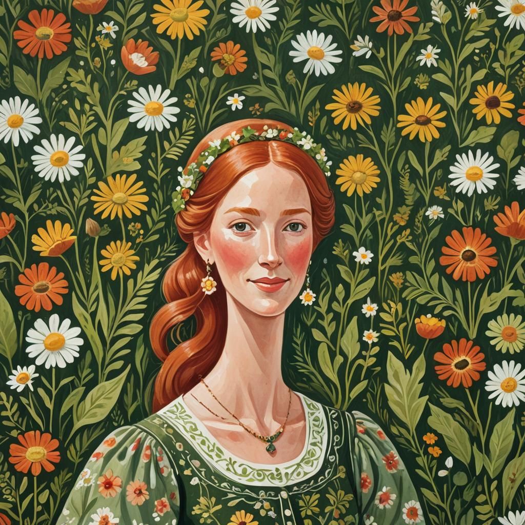 Redhead Woman in Meadow: Folk Art Portrait