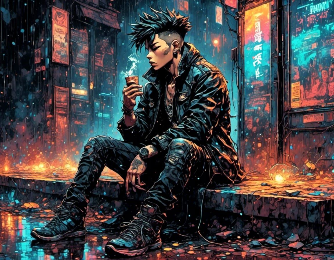 Punk in Rainy Cyberpunk Alleyway with Cigarette