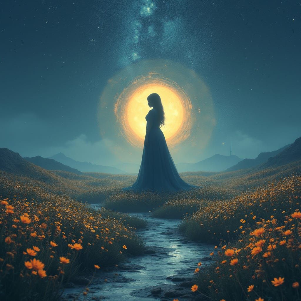 Ethereal Figure Emerges in Starry Meadow