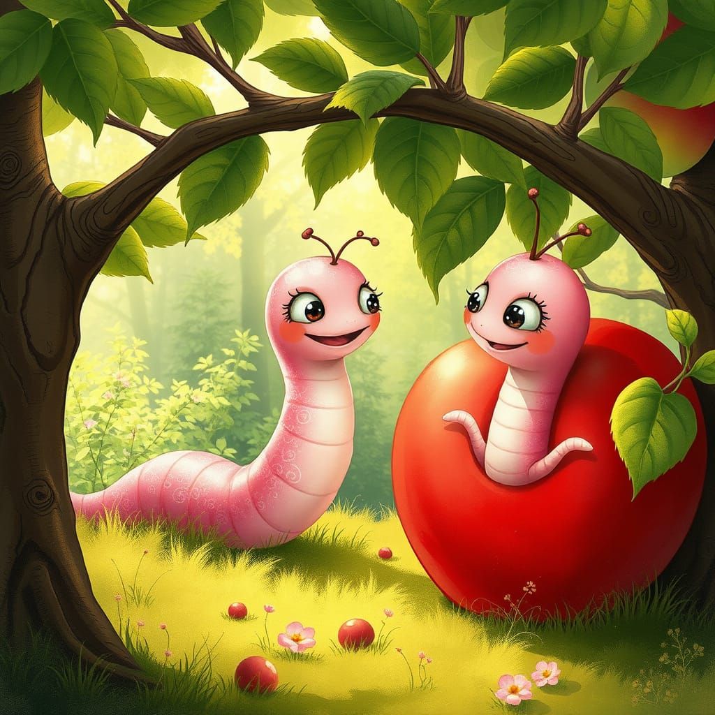 Gigantic Pink Worms in Whimsical Forest Conversation