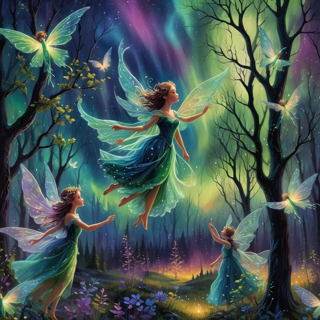 Faeries Dance Under Aurora: Ethereal Matte Painting