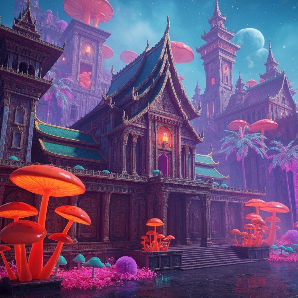 Yellowstone Temple with Glowing Mushrooms in Synthwave Color...