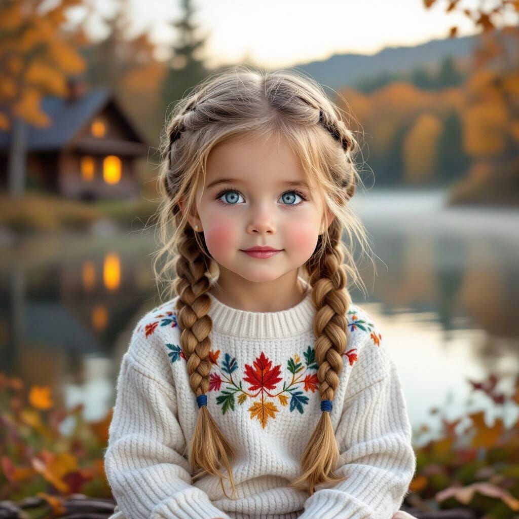 Toddler Girl in Serene Autumn Landscape by Tranquil Lake