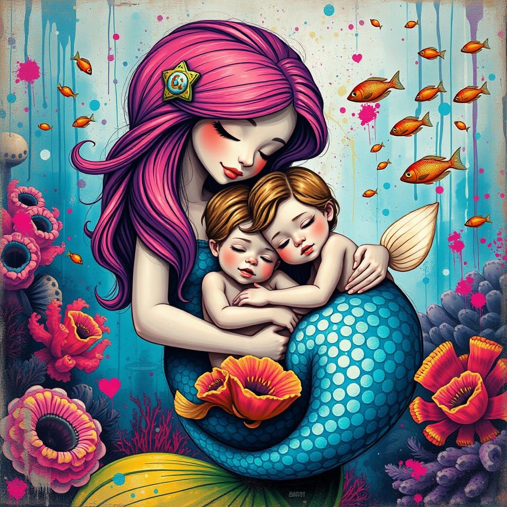Mermaid Family Portrait in Vibrant Street Art Style