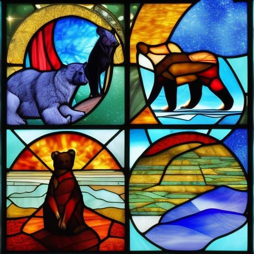 four stained glass windows - one with a black bear, one with the moon, one with the sun, one with a polar bear