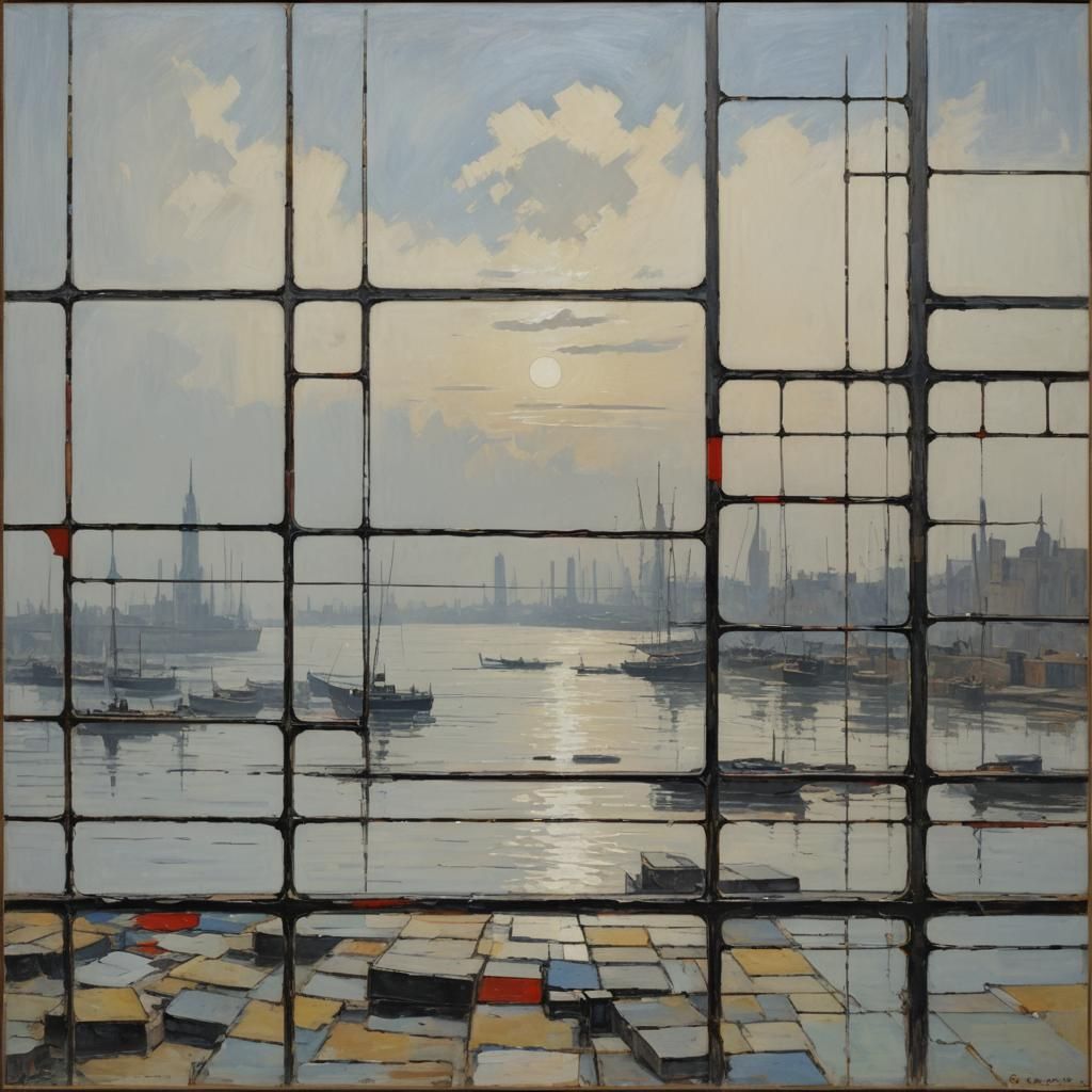 Abstract Seascape in Mondrian Style, Oil Painting