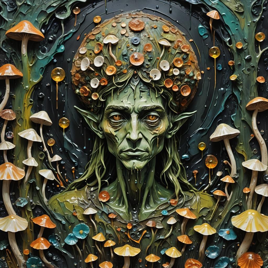 Elf Angel Sculpture with Mushrooms in Impasto Style
