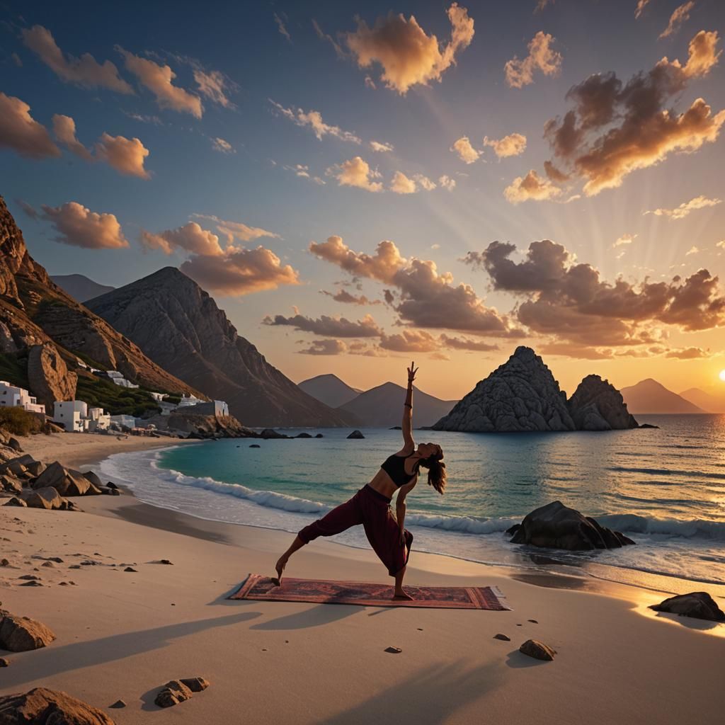 Amorgos Island Sunset with Yogi in Matte Painting