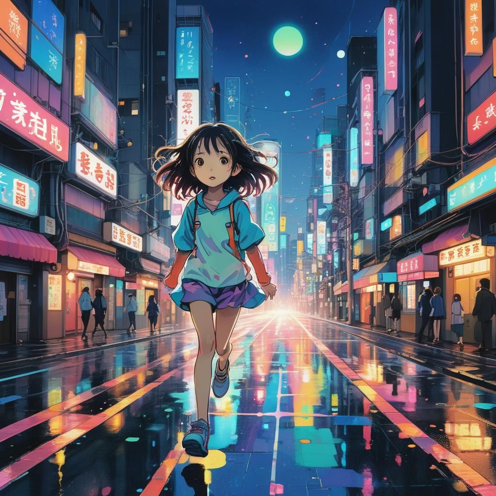 Surreal Manga Girl in an Endless City Loop
