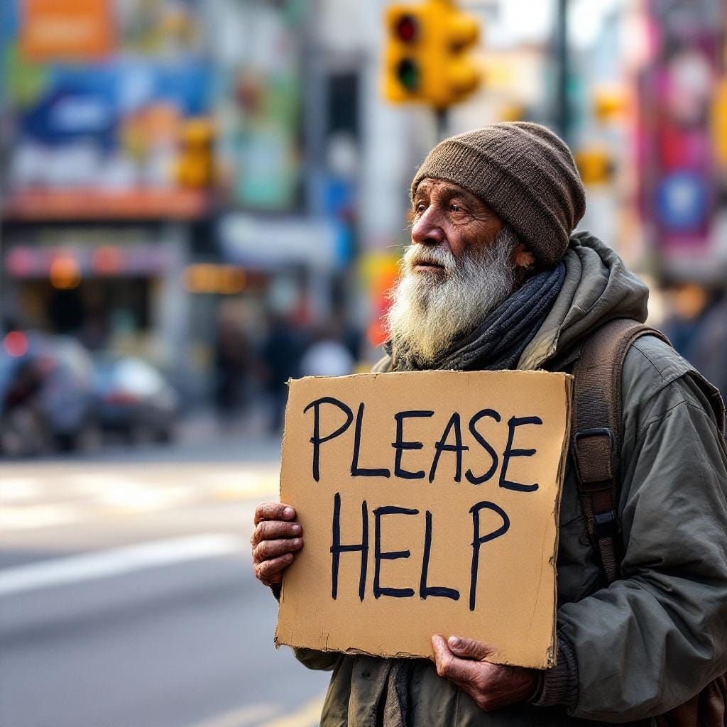 Homeless Person Begging: Hyperrealistic Gouache and Watercol...