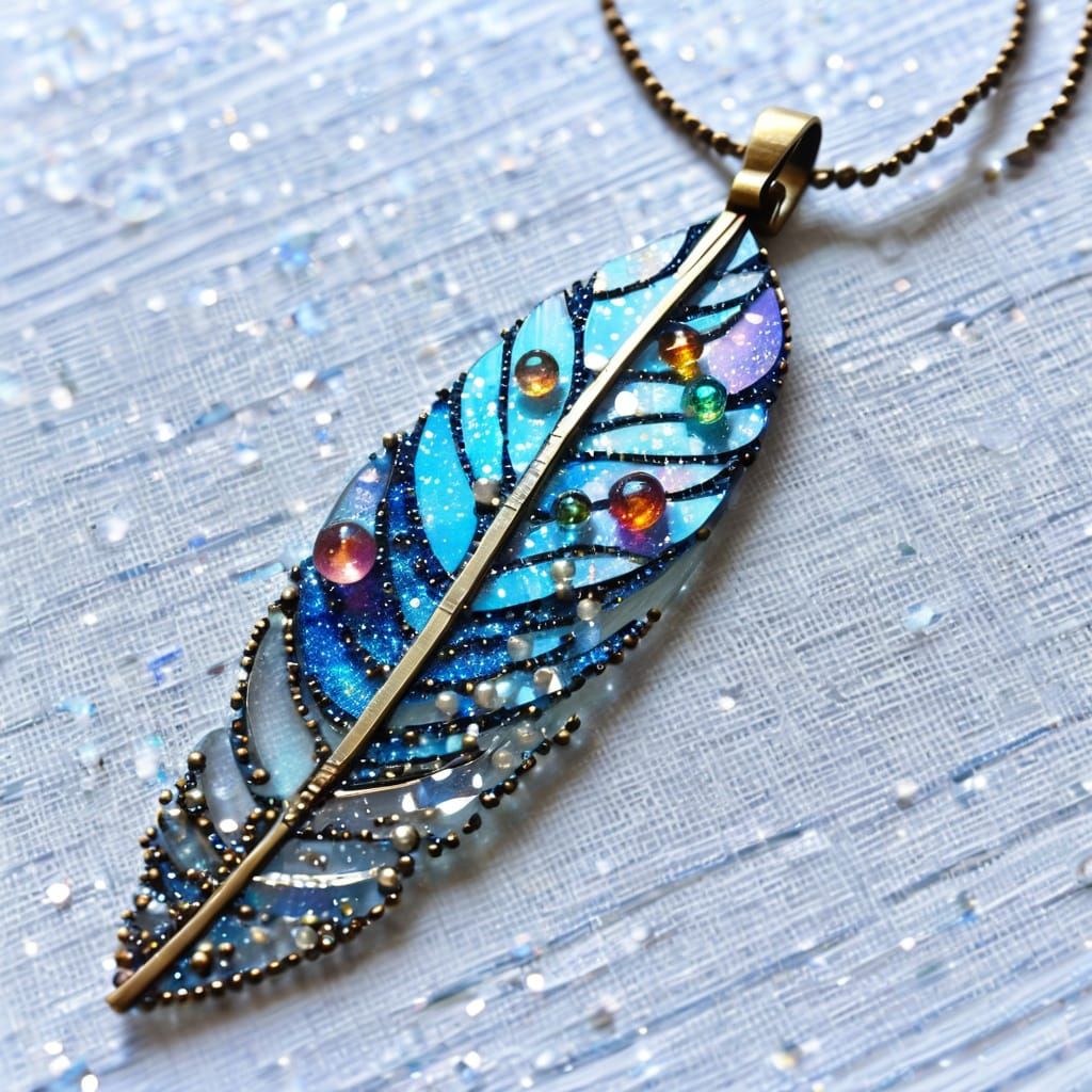 Ethereal Glass Mosaic Feather Pendant with Moonbeams