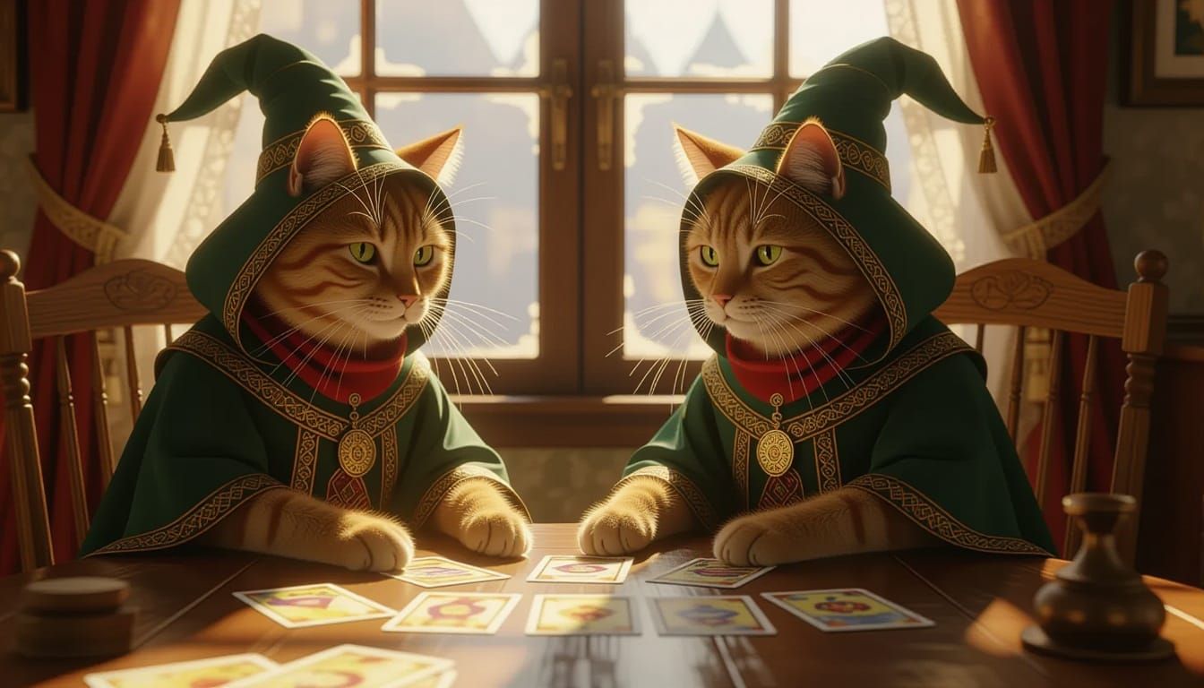 Ginger Cat Fortunetellers Perform Tarot Readings in Sunlit R...
