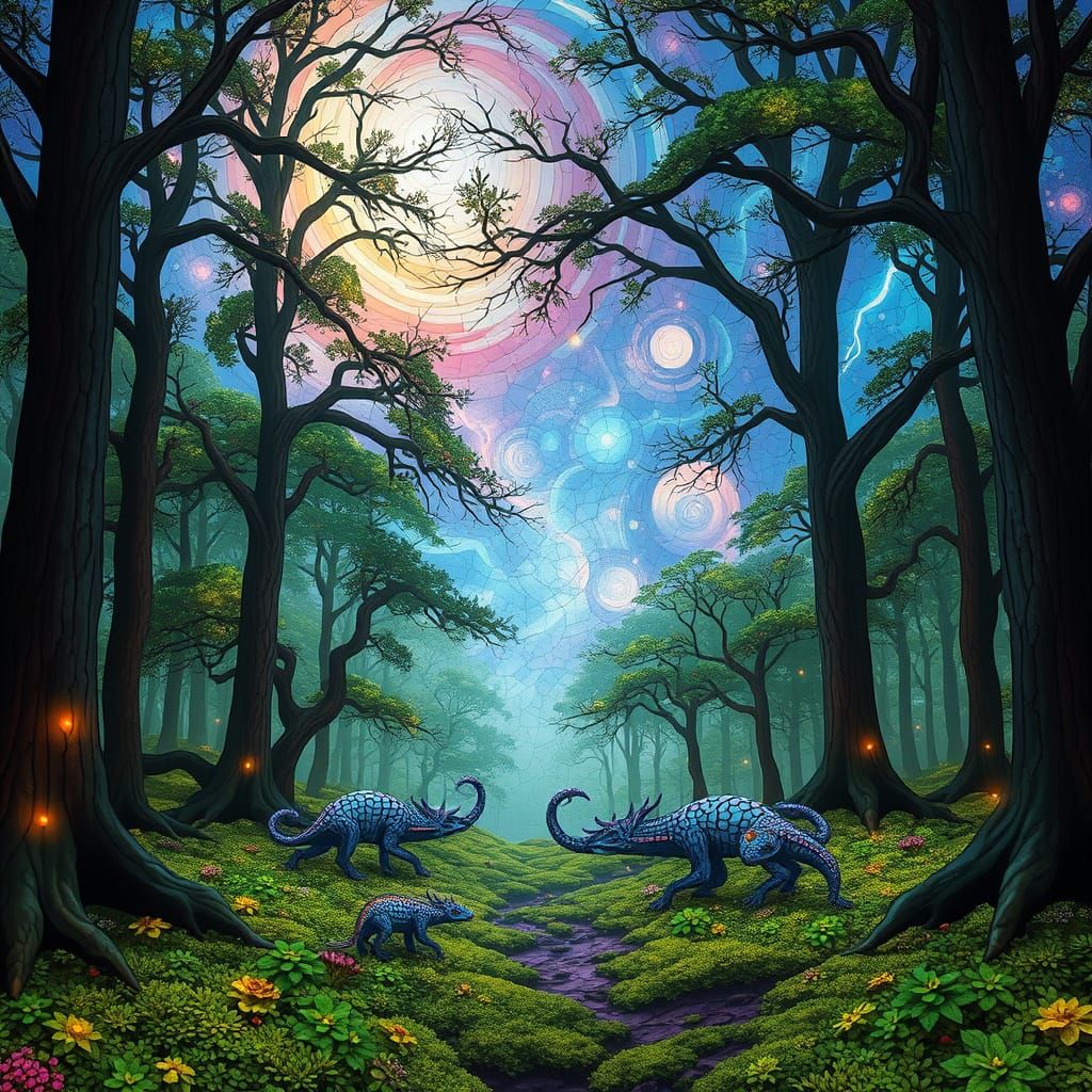 Stained Glass Forest with Bioluminescent Moss