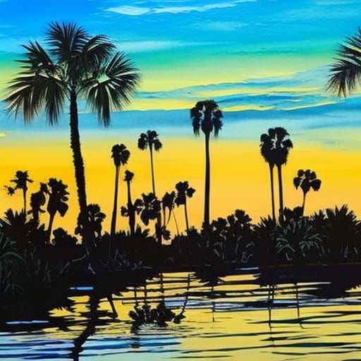 Sunset Over Swamp in Gouache Impressionist Style