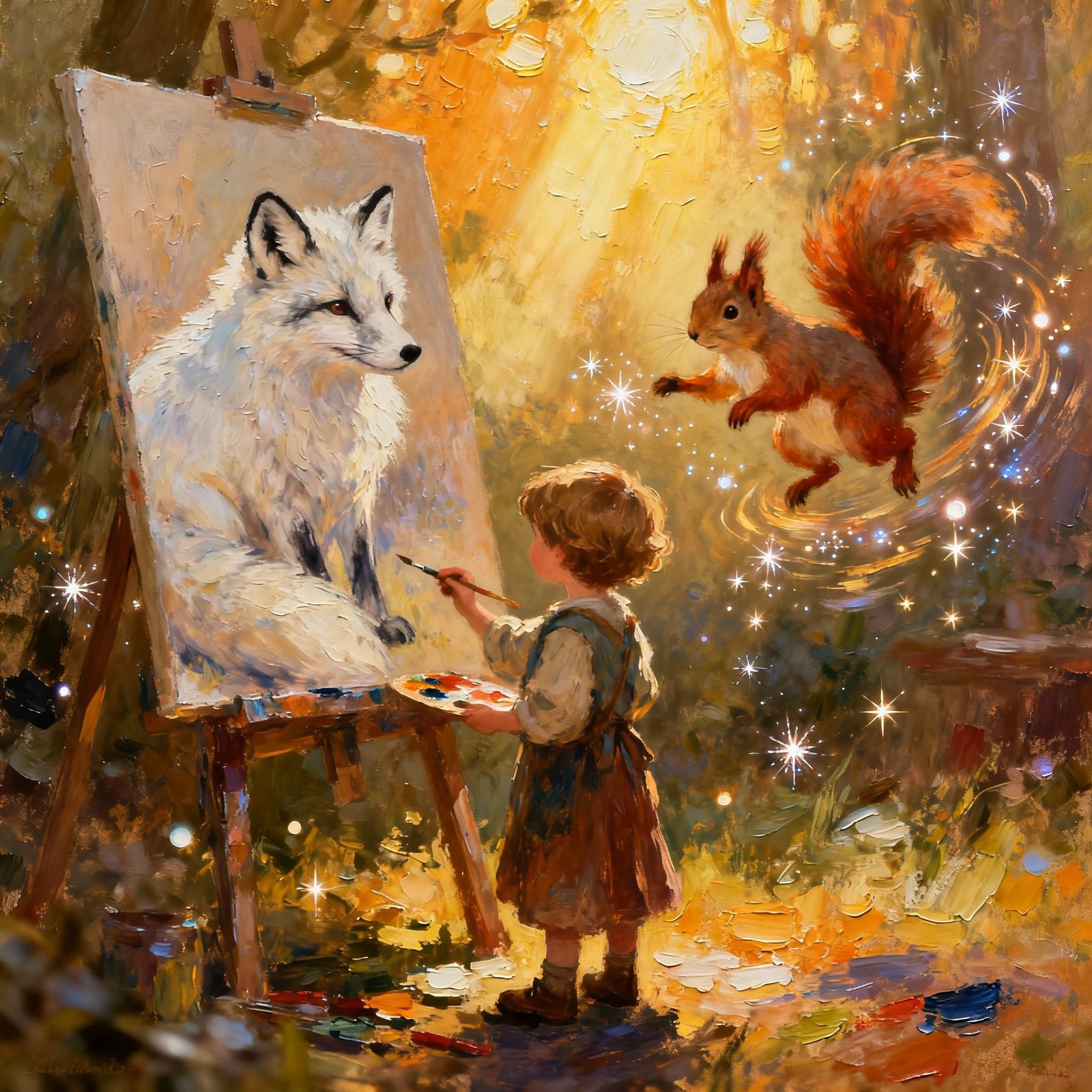 Child Paints Arctic Fox and Squirrel in Impasto Style