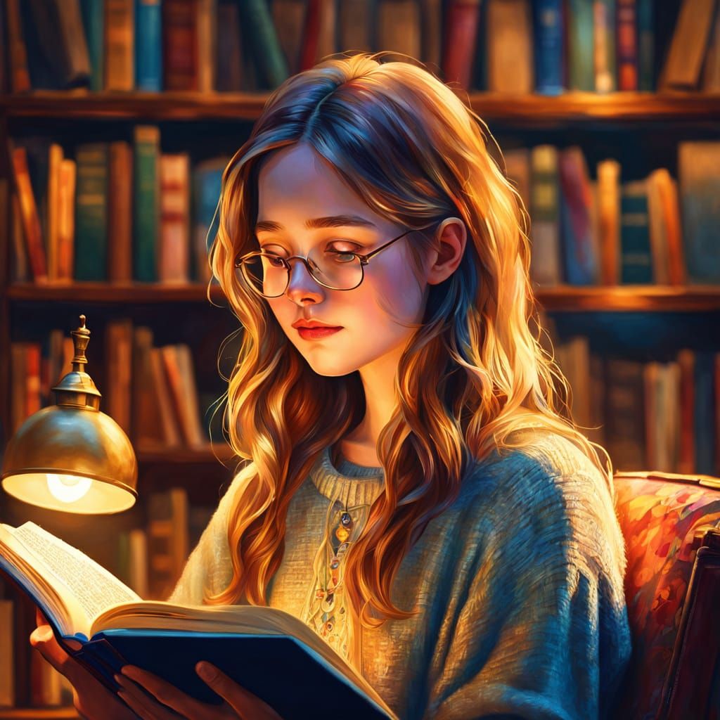 Cozy Book Lover Portrait in Oil Painting Style
