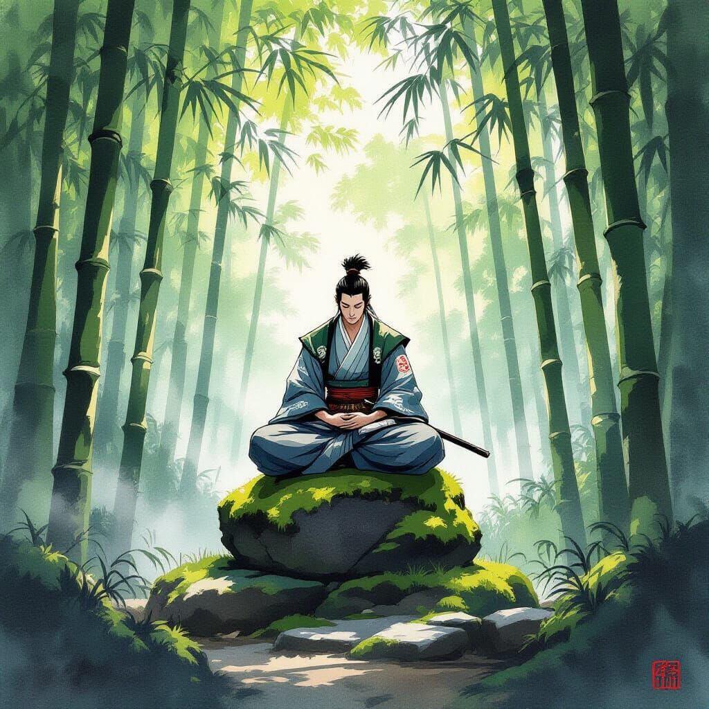 Samurai Meditating in Bamboo Forest, Ukiyo-e Style