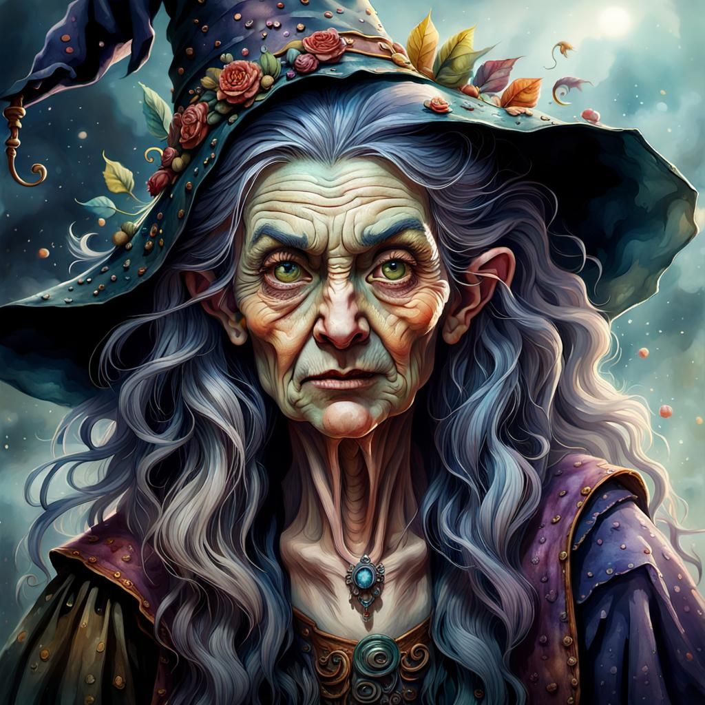 Whimsical Witch Portrait in Watercolour Style