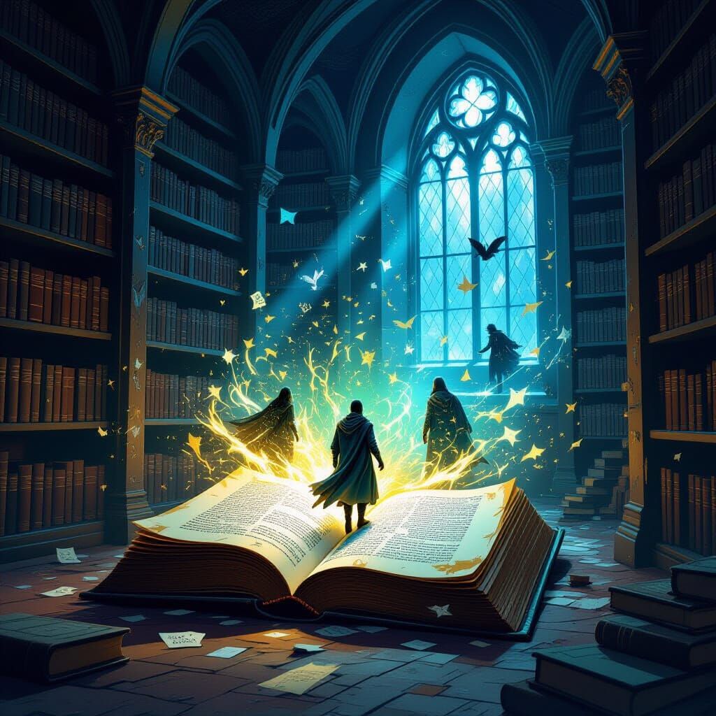 Ancient Books Open Revealing Magical Fantasy Characters