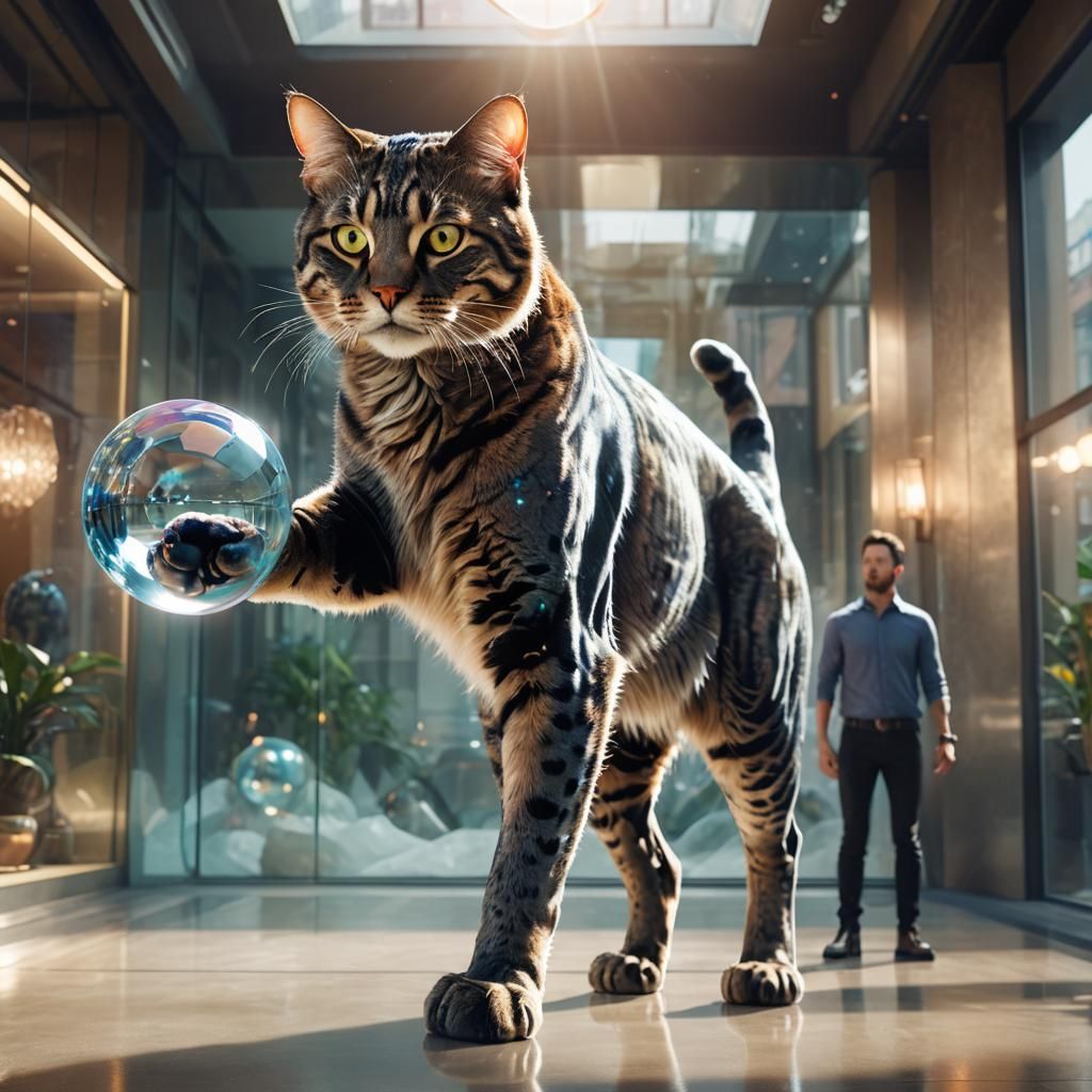 Confident Man with Glass Cat in Vivid Digital Art