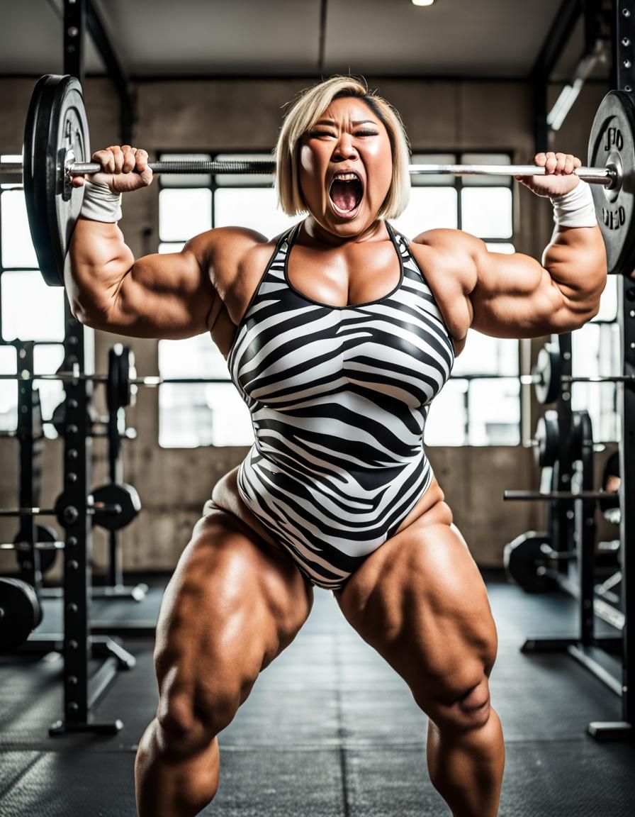 Cute Plus Size Asian Woman Lifting Weights in a Zebra Swimsu...
