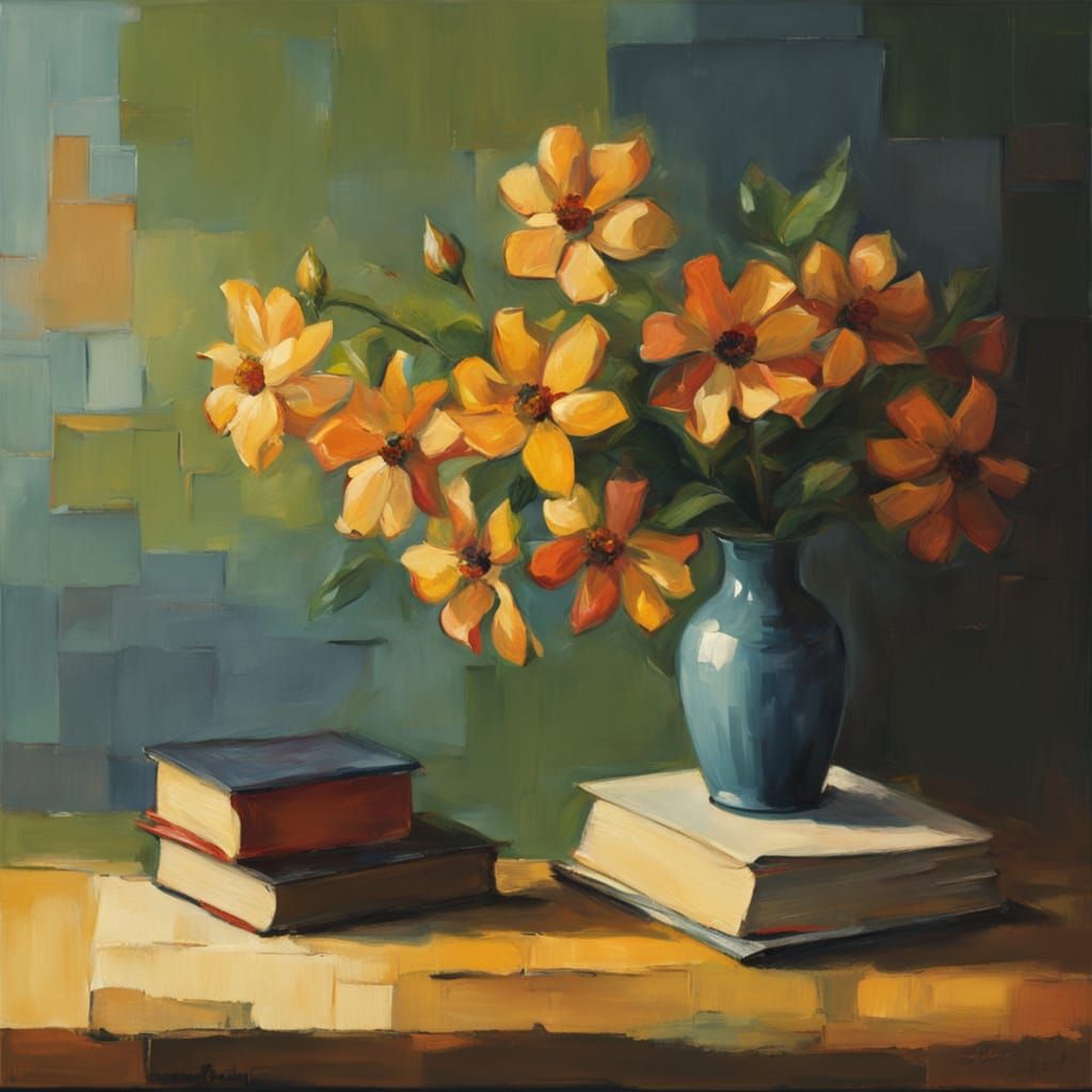 Expressionist Still Life: Flower and Book in Vivid Impasto