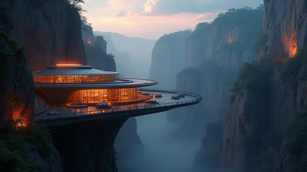 Cyberpunk Luxury Abode Suspended Over Gorge in 2099