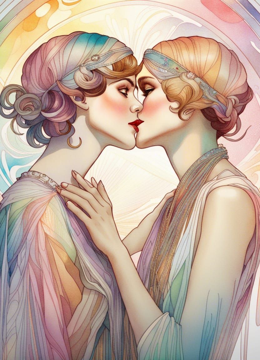 Kissing Lesbian Couple in 20s Style