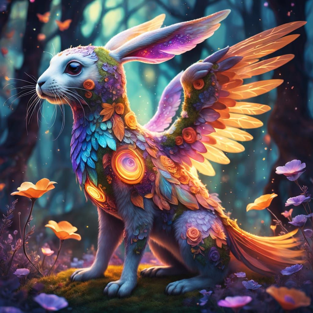 Winged Rabbit Phoenix in Dreamy Forest
