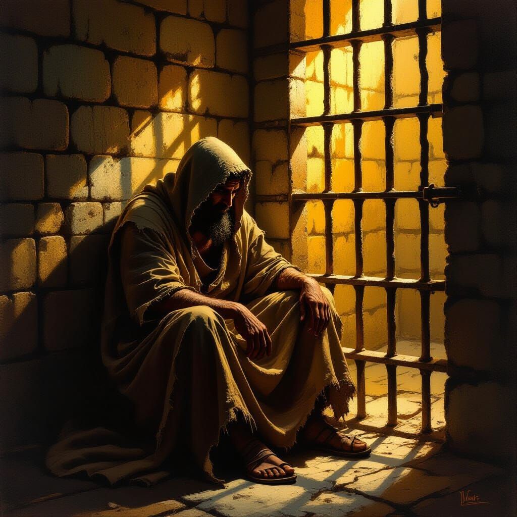 Ancient Assyrian Prisoner in Dimly Lit Stone Cell