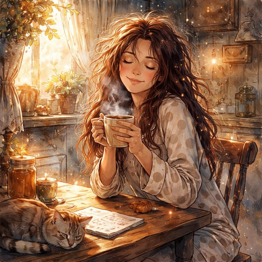 Woman Enjoys Coffee in Dreamlike Kitchen