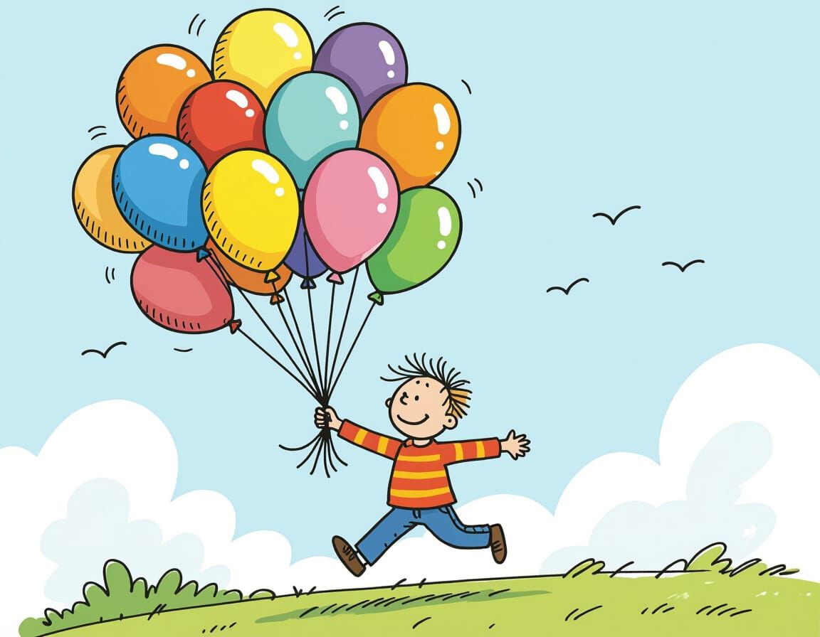 Boy Flying with Balloons in Quentin Blake Style