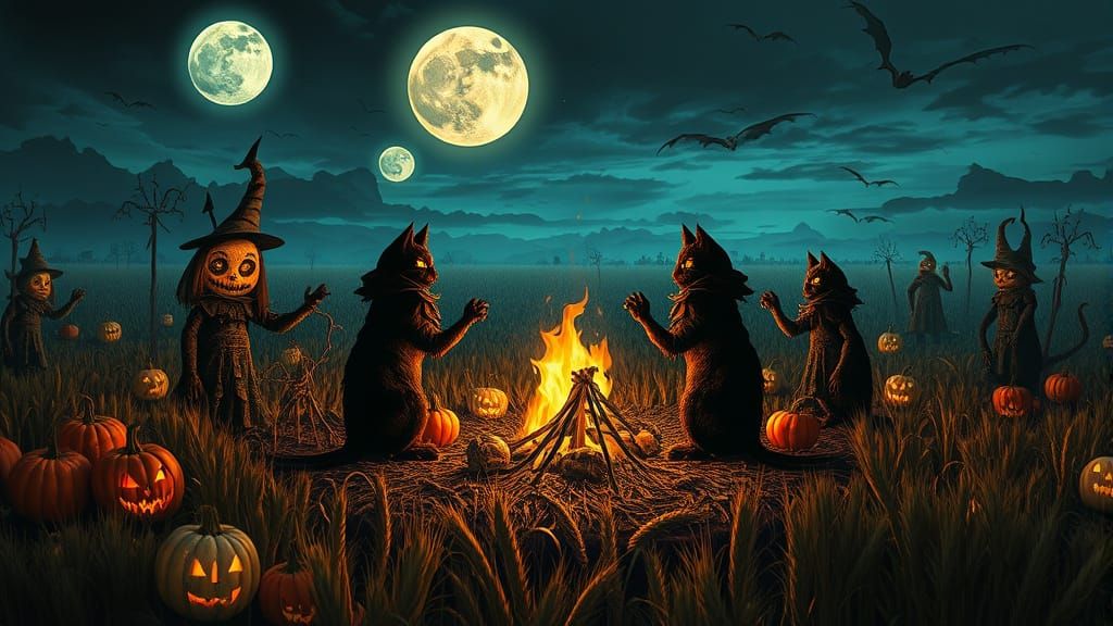 Macabre Cat Festival on Wheat Farm Under Eerie Moonlight