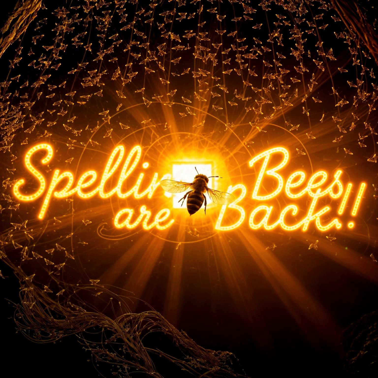 Ethereal Bioluminescent Bees Form Glowing Script in a Damp C...