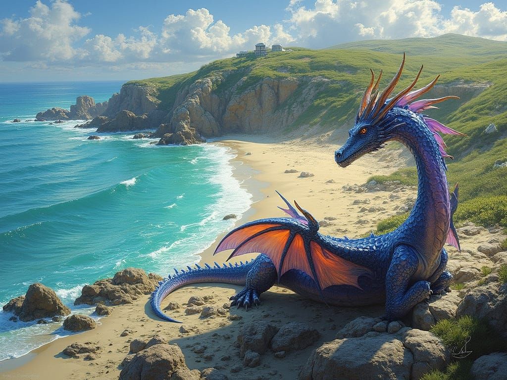 Dragon on Beach at Sunset - Fantasy Art