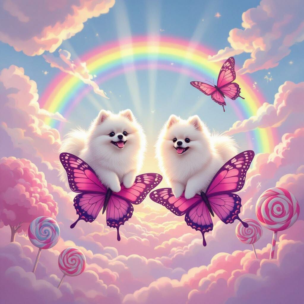 Fluffy Pomeranians Ride Pink Butterflies in Candy Land Sky