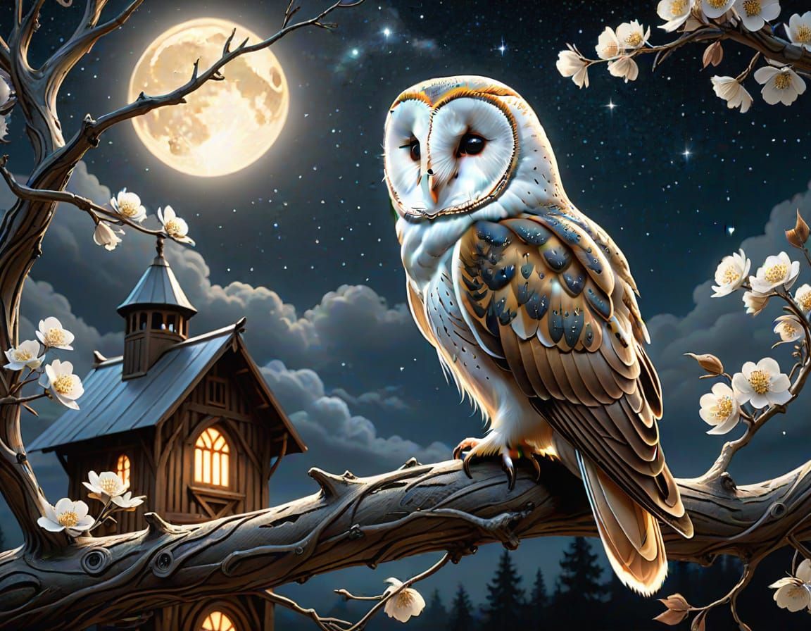 Barn Owl Perched Under Starlit Sky in Art Nouveau Style