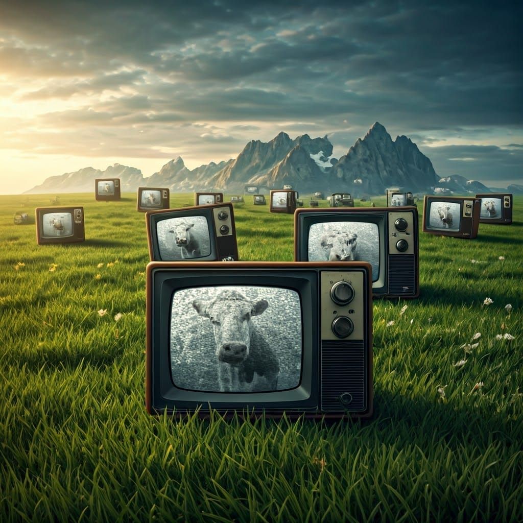 Dreamlike TVs with Cows Illustration