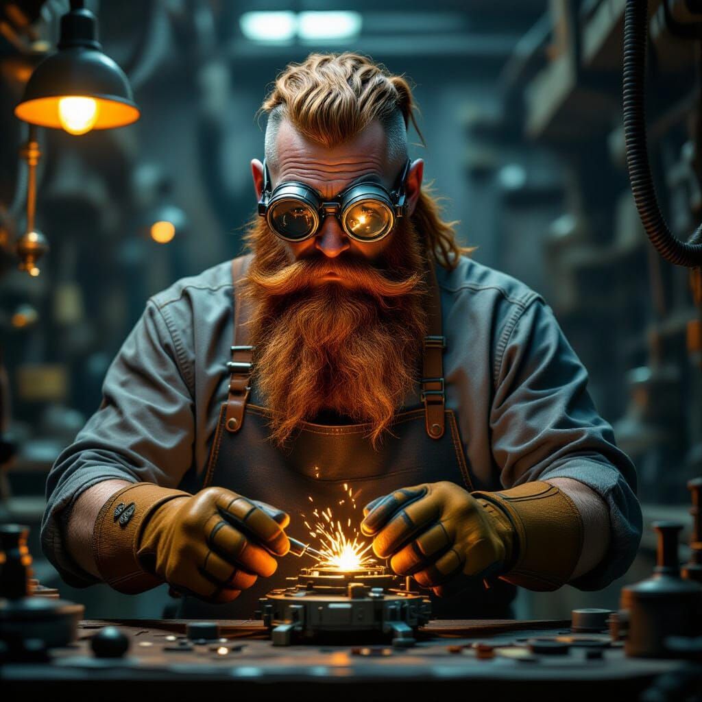 Dwarven Artificer Tinkering with Clockwork Machine