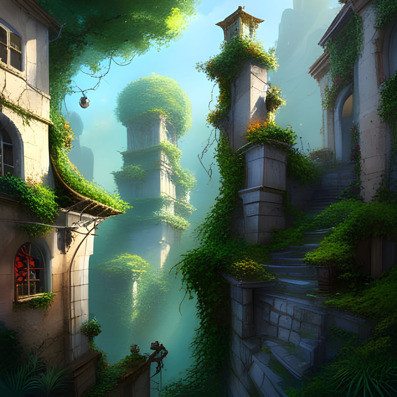 Vivid Vines Engulfing Ancient City in Digital Art