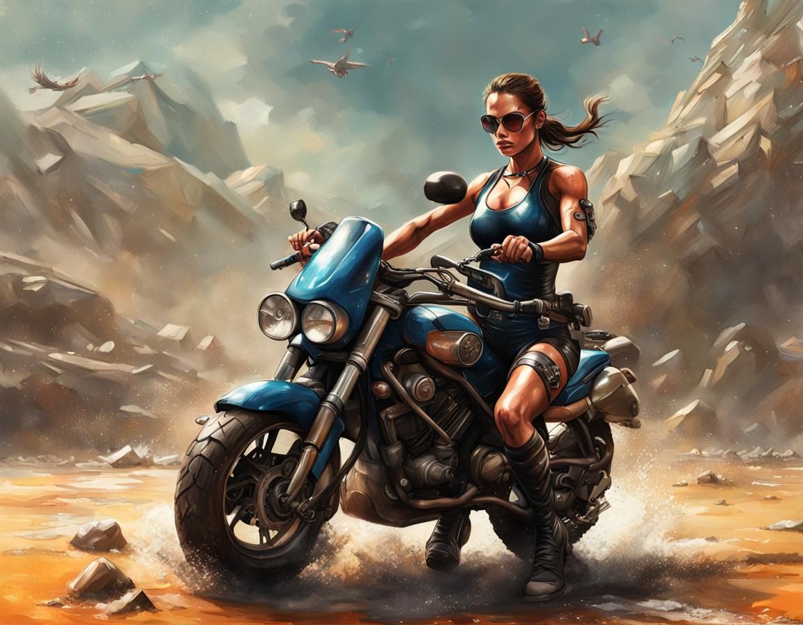 Hyperrealistic Lara Croft on Motorbike in Splash Art