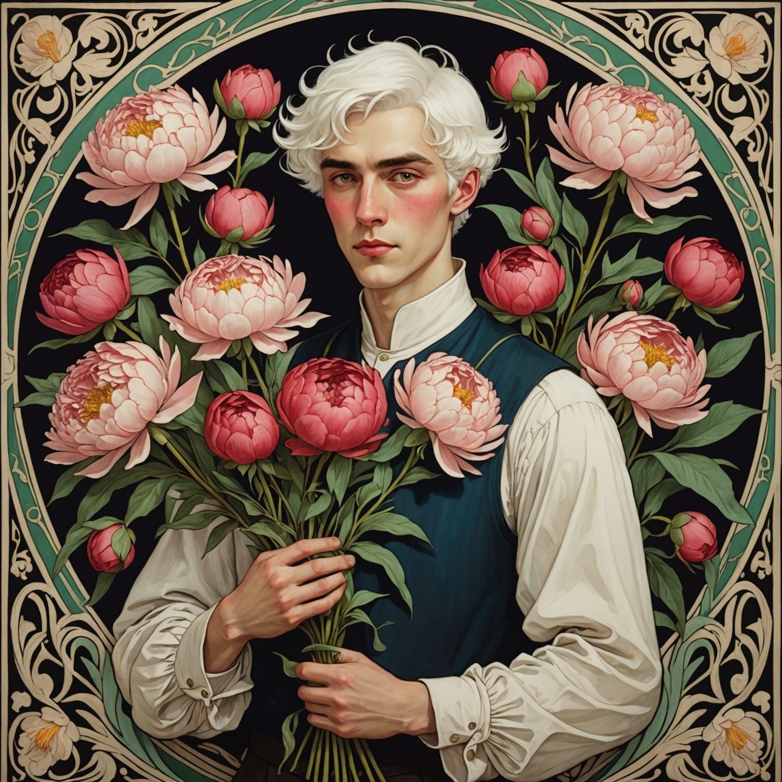 Young Man with Peonies in Art Nouveau Style