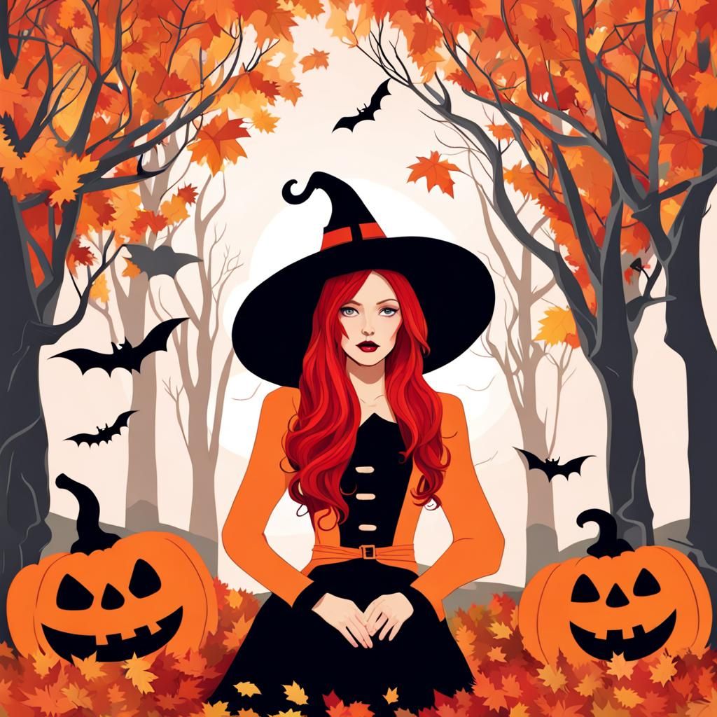 Spooky Autumn Scene with Red-Haired Woman