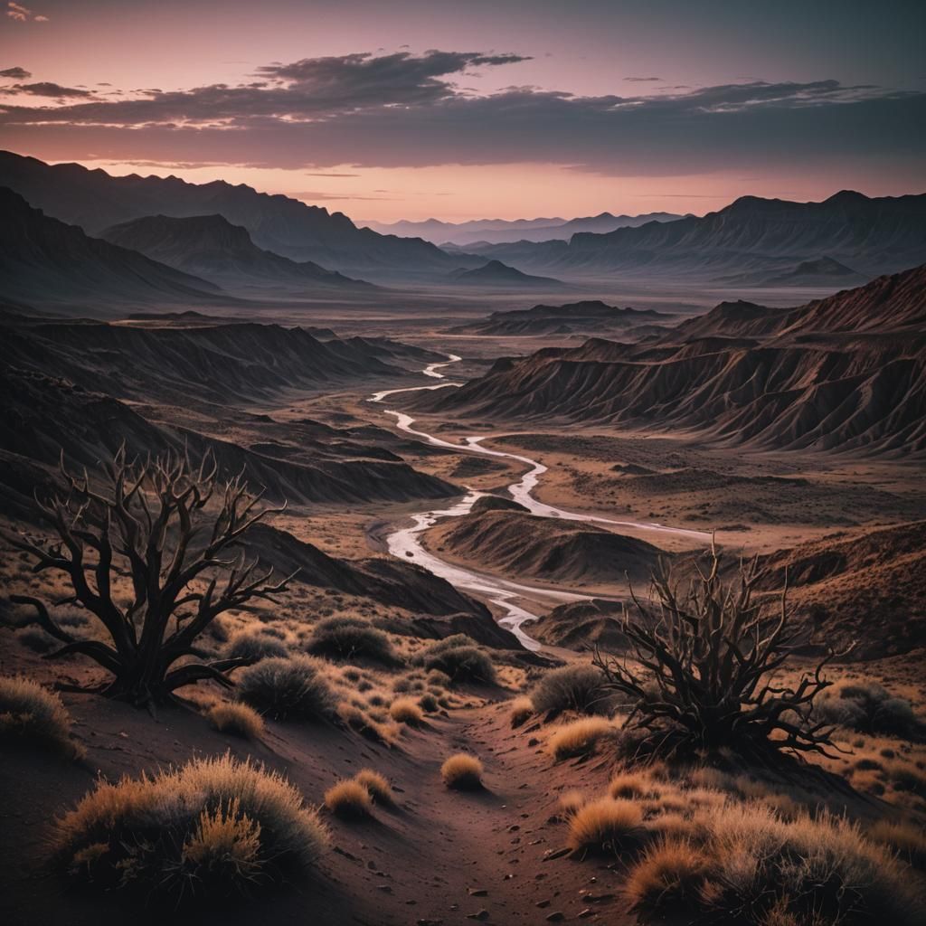 Dramatic Otherworldly Landscape at Dusk, Cinematic Film Stil...
